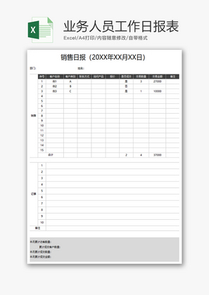 财务销售业务人员工作日报表excel模板