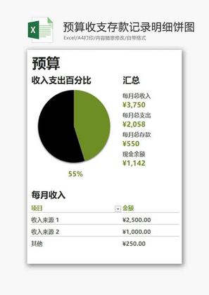 财务预算收支存款明细表饼图excel模板