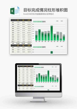 目标完成情况柱形堆积图excel模板