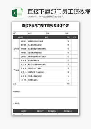 直接下属部门员工绩效考核评价表Excel