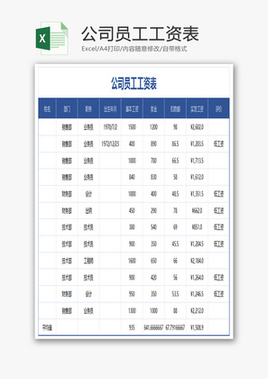 公司员工工资表Excel模板