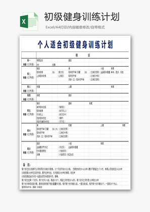 个人适合初级健身训练计划Excel模板