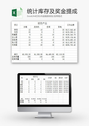 日常办公统计库存及奖金提成Excel模板