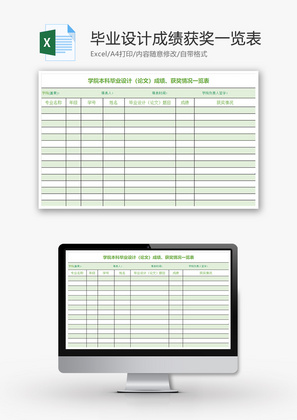 本科毕业设计成绩获奖一览表Excel模板