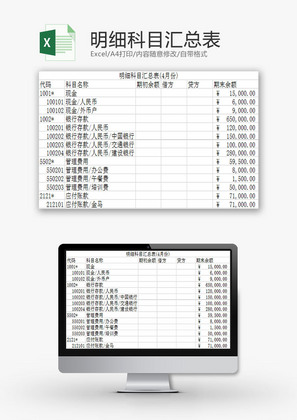 财务报表明细科目汇总表Excel模板