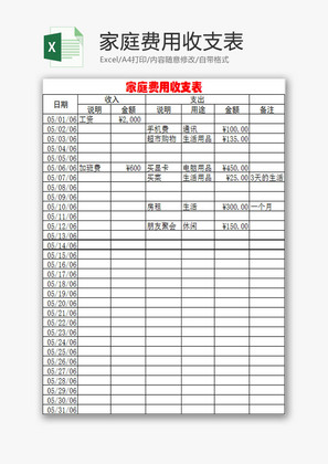 生活休闲家庭费用收支表Excel模板