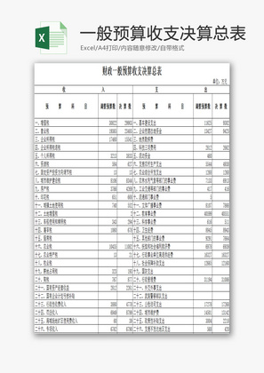 财政一般预算收支决算总表EXCEL模板