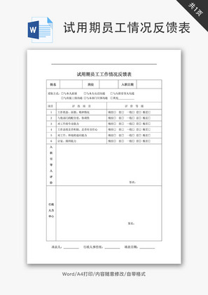 试用期员工工作情况反馈表Word文档