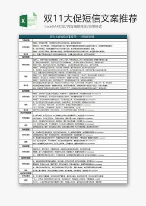 日常办公双十一大促短信文案Excel模板