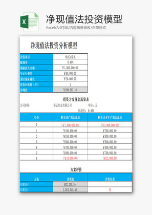 净现值法投资模型EXCEL模板