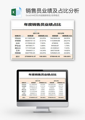 年度销售员业绩及占比分析EXCEL模板