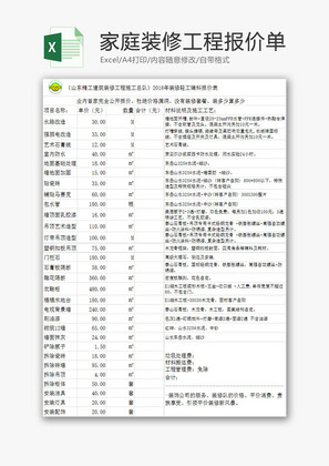 山东家庭装修装饰工程报价单EXCEL模板