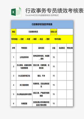 行政事务专员绩效考核表EXCEL模板