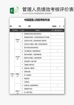 管理人员绩效考核评价表EXCEL模板