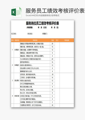 服务岗位员工绩效考核评价表EXCEL模板