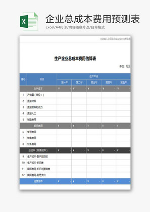 企业总成本费用预估预测表EXCEL模板