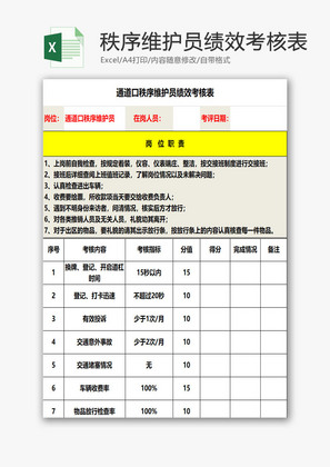 秩序维护员绩效考核表EXCEL模板