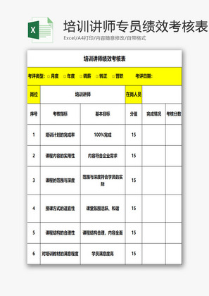 培训讲师专员绩效考核表EXCEL模板