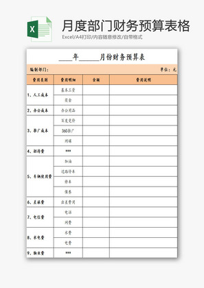 月度部门财务预算表格EXCEL模板