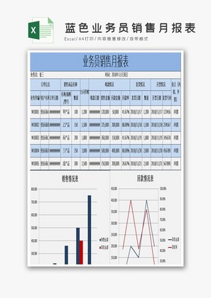 蓝色业务员销售月报表excel模板.