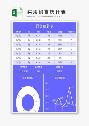 蓝色实用销售统计表excel模板