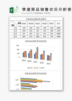 蓝色季度商品销售状况分析表Excel模板