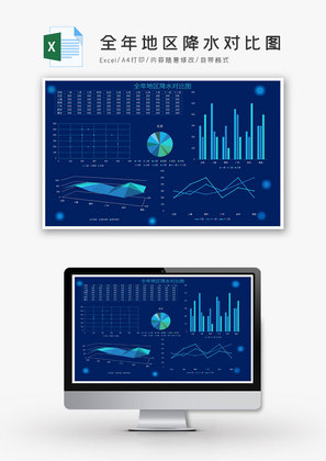 蓝色全年地区降水对比图excel模板