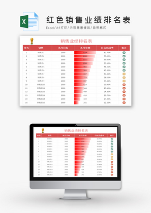 红色销售业绩排名表Excel模板