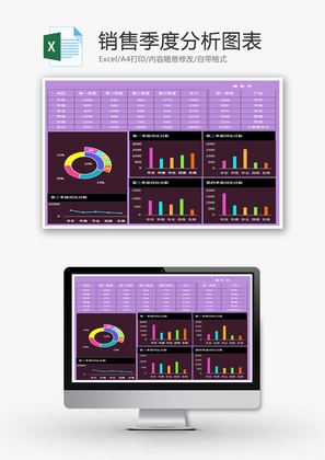紫色销售季度可视化分析图表Excel模板