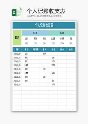 个人记账收支表Excel模板