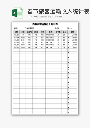 春节旅客运输收入统计表 Excel模板