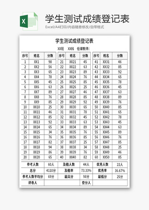 学生测试成绩登记表Excel模板