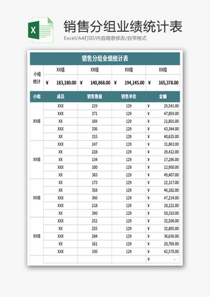 销售分组业绩统计表Excel模板