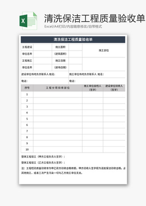 清洗保洁工程质量验收单Excel模板