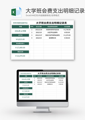 大学班会费支出明细记录表Excel模板