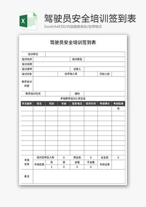 驾驶员安全培训签到表Excel模板