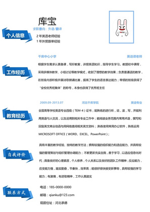 蓝色创意英语翻译word简历模板