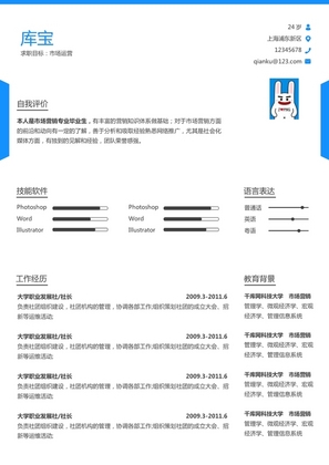 蓝色简约风格市场运营大学生求职简历模板