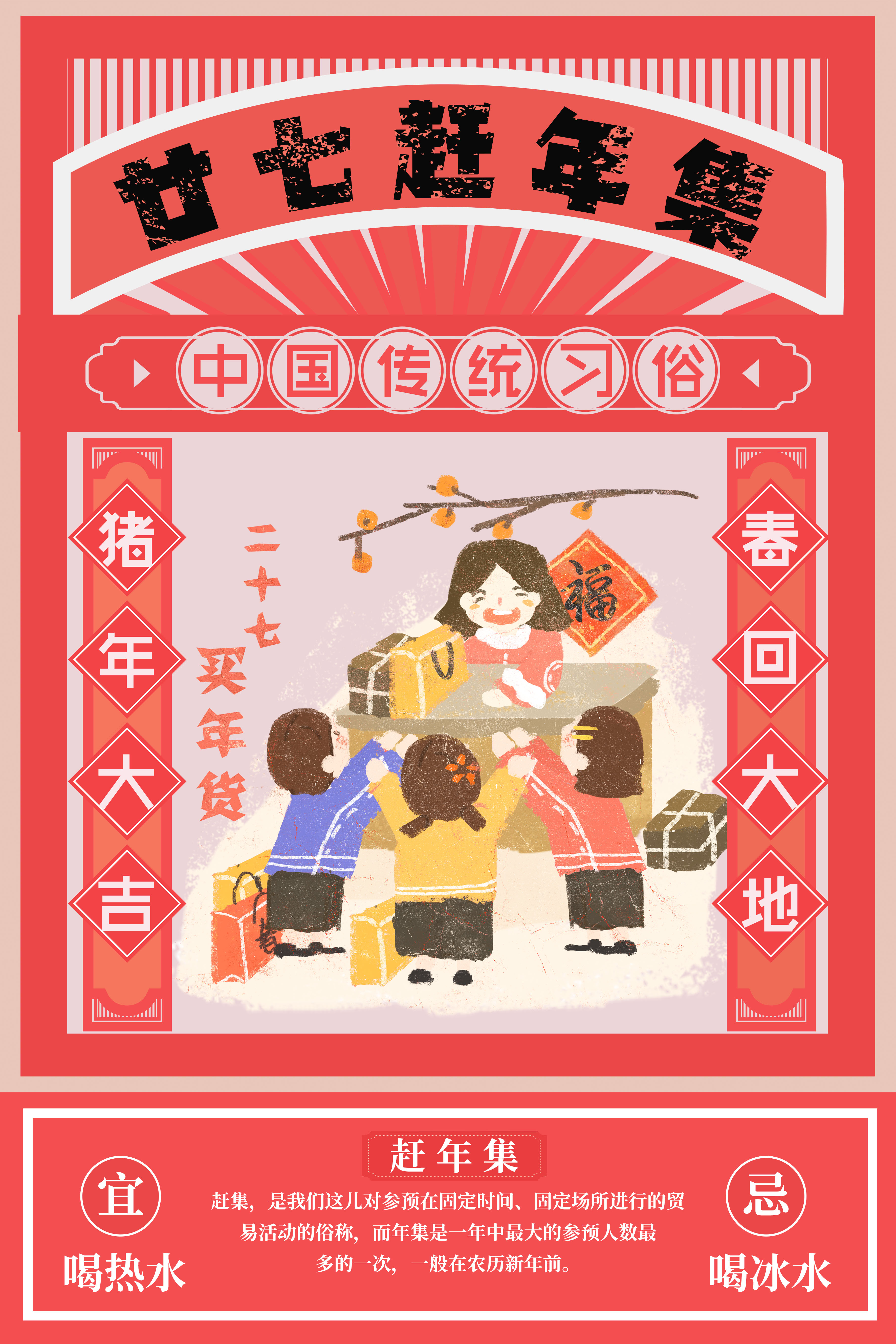 春节习俗腊月二十七赶年集海报图片