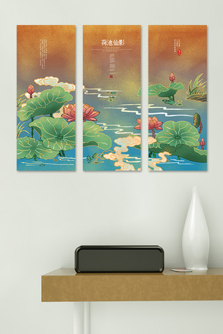 绿色抽象背景设计海报模板_创意新中式荷花室内三联幅装饰画