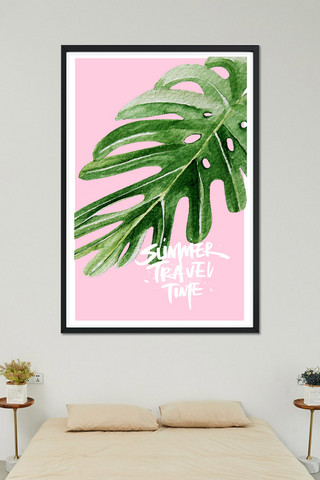 绿色背景树叶海报模板_千库原创简约现代粉色树叶装饰画一联