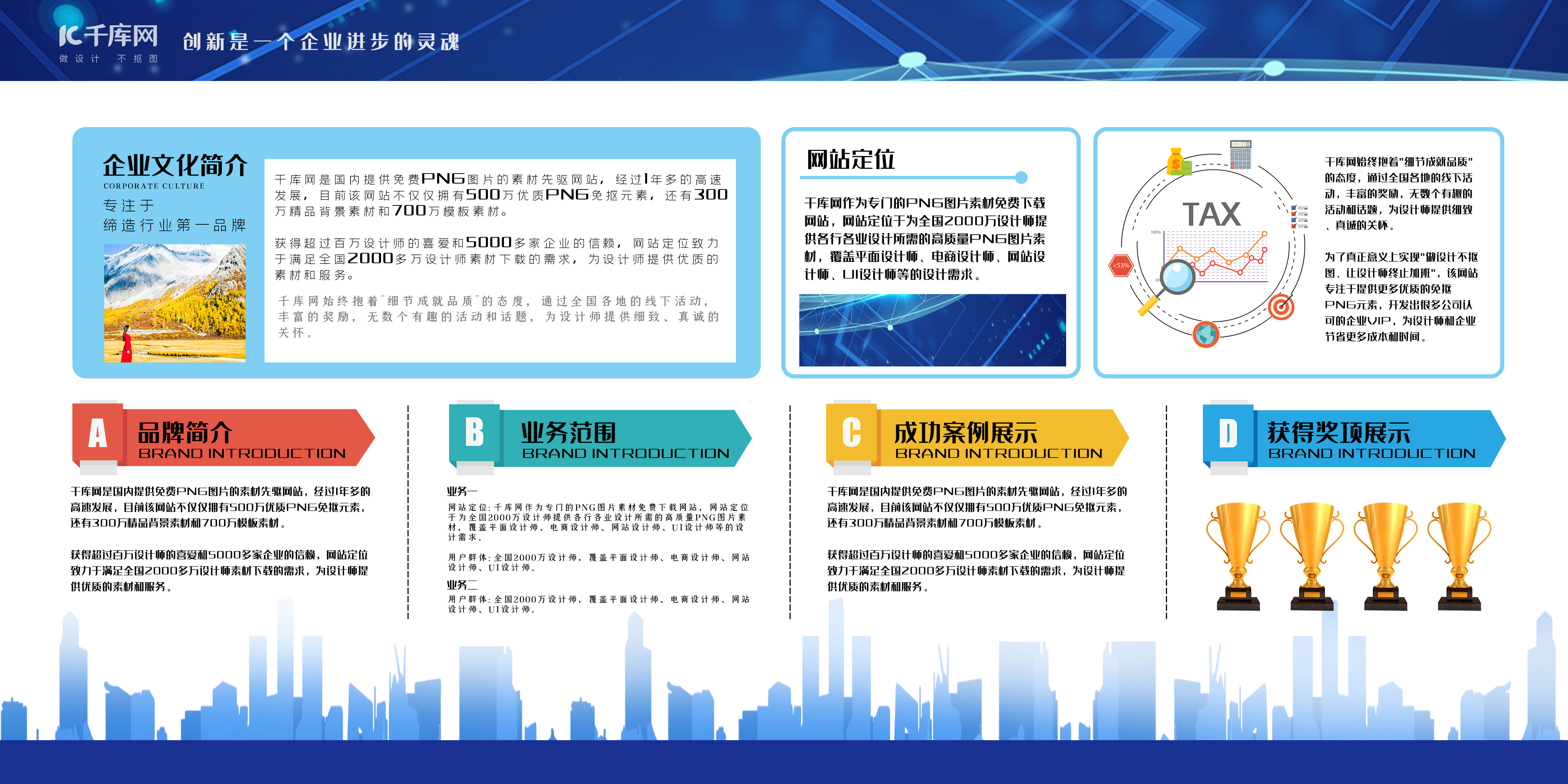 文化墙蓝色简约科技剪影企业文化展板图片