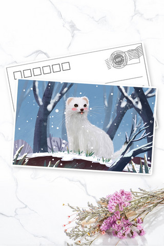 大雪节气可爱动物明信片