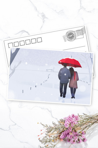 情侣一起看雪景明信片