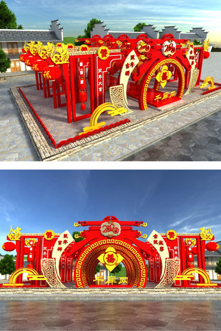春节新年美陈场景DP点门头堆头商场展示设计鼠年模型