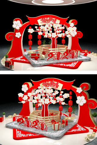 中庆促销活动海报模板_新年美陈春节促销红色中国风3D美陈