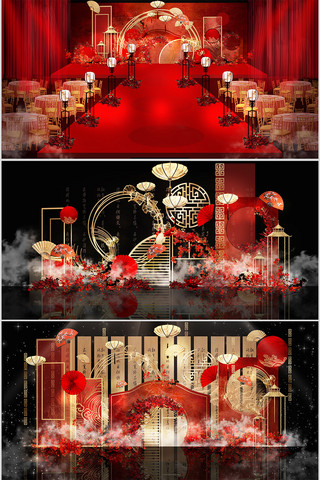 中式装饰效果婚礼婚宴红色中国风装修效果图
