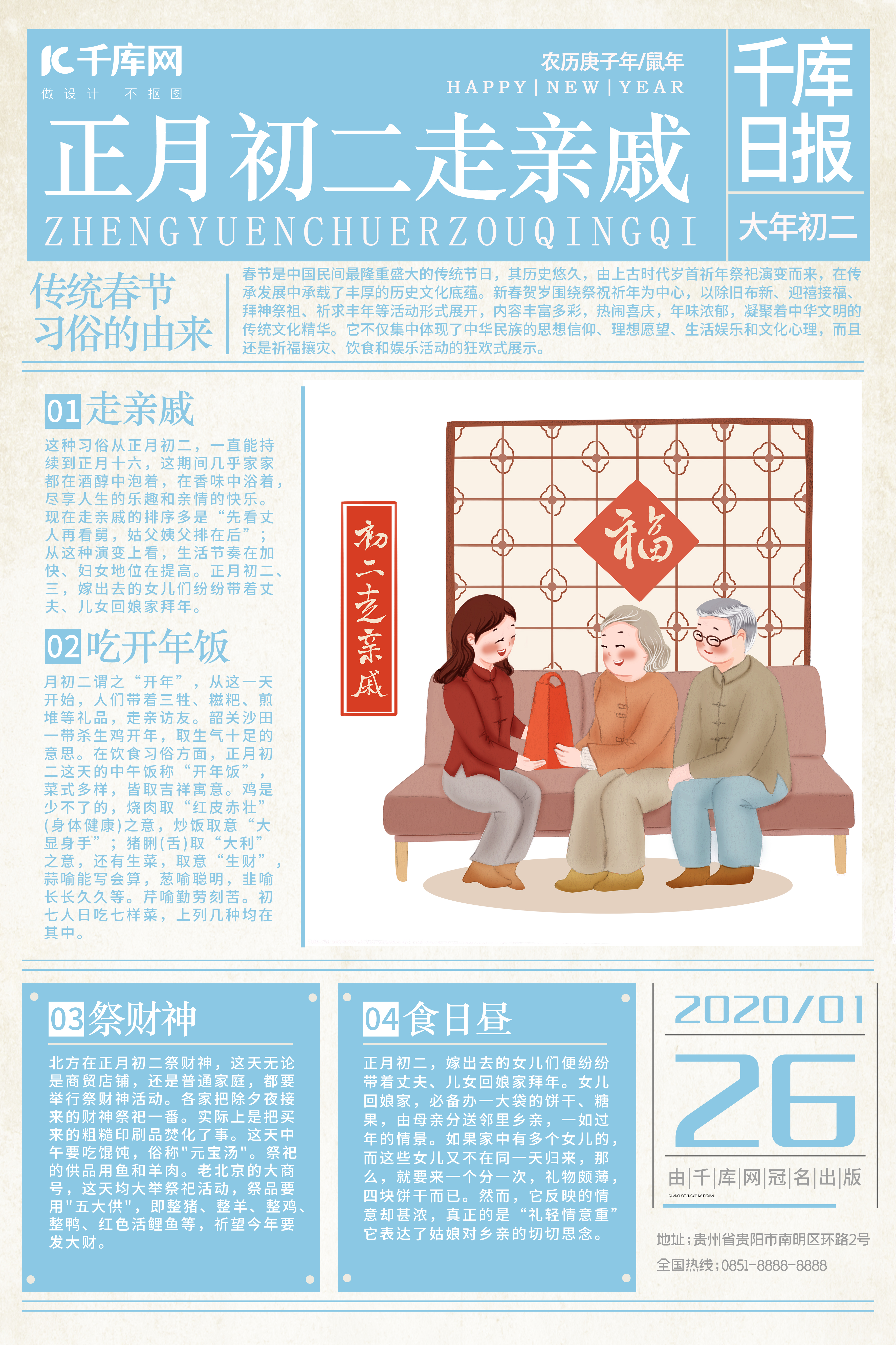 春节习俗大年初二走亲戚蓝色系复古风、报纸海报图片