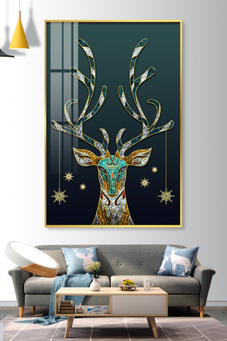 鹿角海报模板_抽象长角鹿鹿头像白蓝黄绿现代风珐琅装饰画