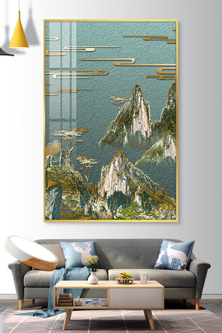 岩石海报模板_新中式山峰 云纹青色 金色中国风装饰画